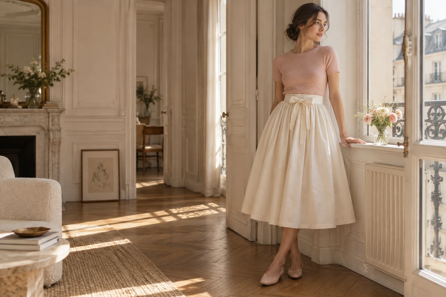 Ivory Ballet Ribbon Midi Skirt styled with a blush knit in a sunlit room